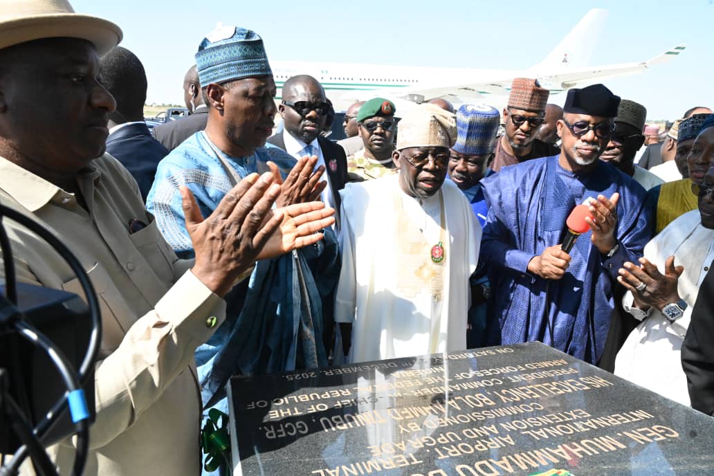 Nigerian President Tinubu unveils new terminal extension at Maiduguri Airport.