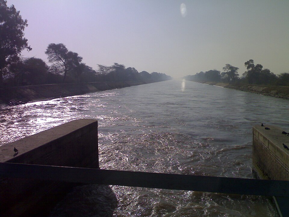 The Indira Gandhi Canal flowing through Rajasthan, which irrigates the arid western Thar Desert districts of the state
