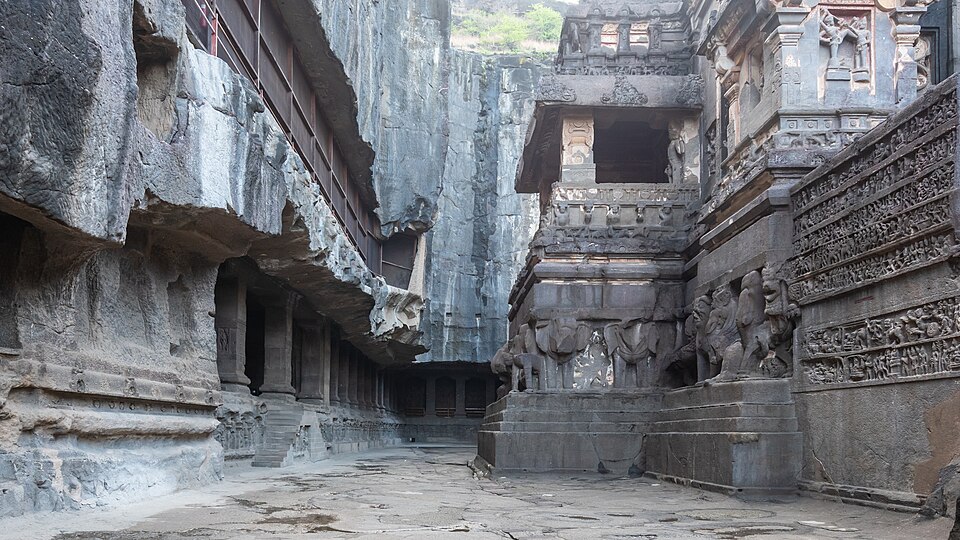 Rock-cut courtyard of the Kailasa temple, Ellora Caves — a monolithic temple carved from a single rock