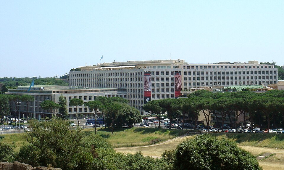 FAO (Food and Agriculture Organization) headquarters building in Rome, Italy — the UN specialized agency's global headquarters.