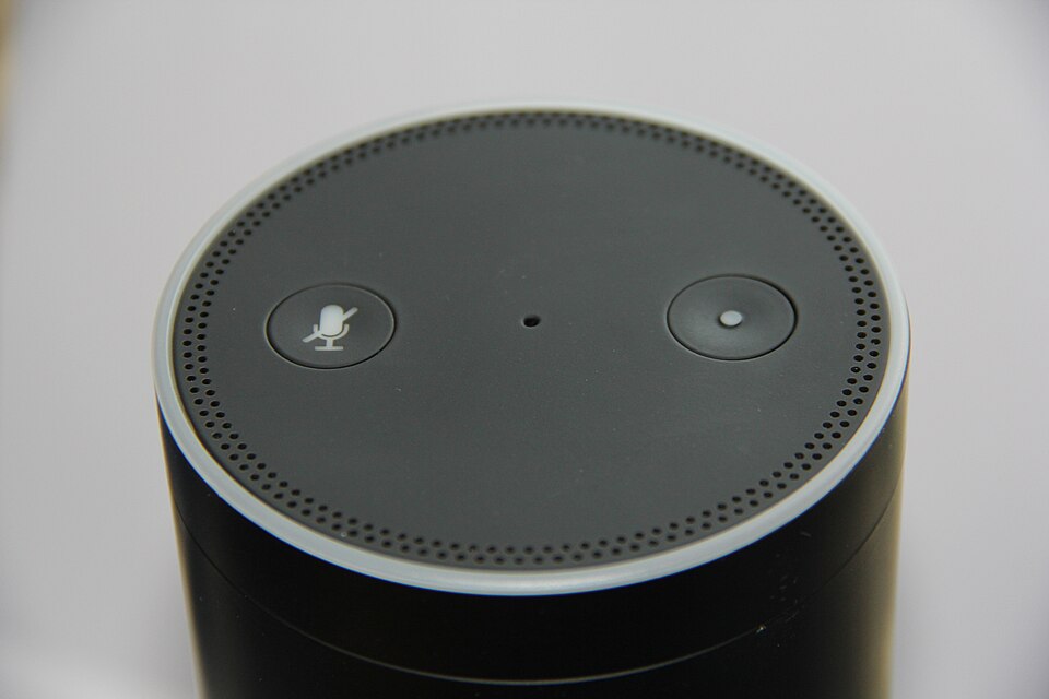 Amazon Echo, a voice-controlled smart speaker powered by the Alexa virtual assistant.