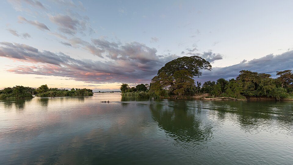 The Mekong River at sunset near Don Det, Laos — a trans-boundary river flowing through six South-East Asian countries