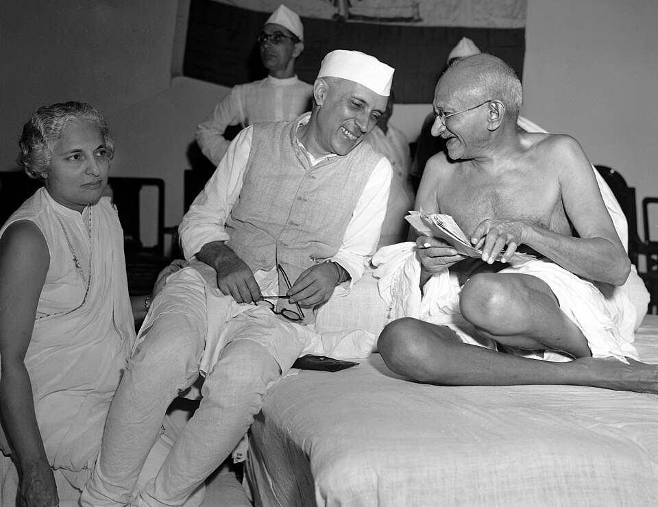 Jawaharlal Nehru with Mahatma Gandhi at the All India Congress session, Mumbai, July 1946 — the Constituent Assembly era