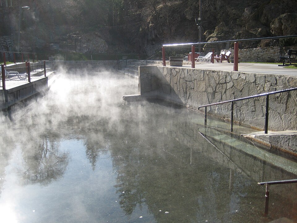 Steaming natural hot spring at Lava Hot Springs, Idaho, USA — geothermal heat reaching the surface, the site of the first successful attempt to tap underground heat