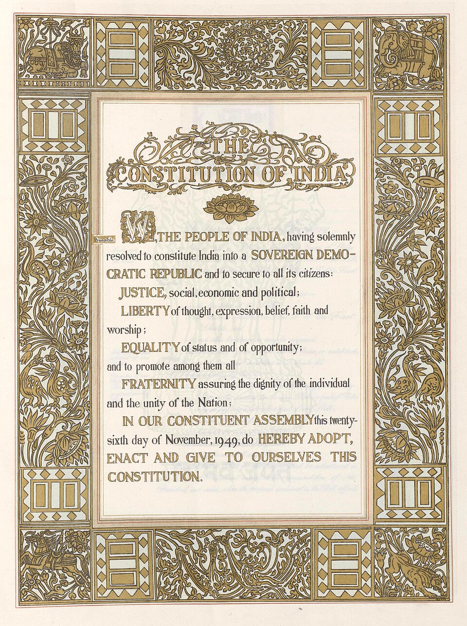 The original illuminated Preamble page of the Constitution of India, hand-calligraphed and decorated by artists led by Nandalal Bose at Santiniketan.