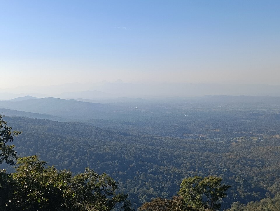 The forested Patalkot valley seen from its rim, wooded slopes dropping away towards a hazy plain in the Satpura hills