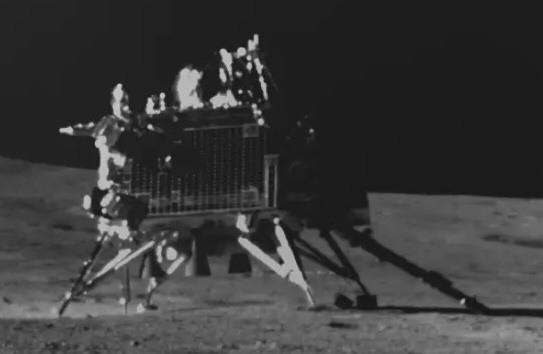 The four-legged Chandrayaan-3 Vikram lander standing on the grey lunar surface, imaged by the Pragyan rover camera