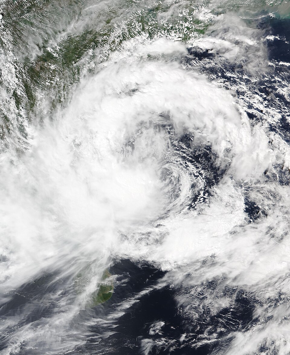 Satellite view of Cyclone Montha as a broad spiral of cloud over the Bay of Bengal, its centre offshore of the Indian east coast visible at upper left