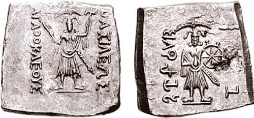 Both faces of a square silver coin of the Indo-Greek king Agathocles, each showing a standing deity with attributes - Balarama-Samkarshana holding a club and plough, and Vasudeva-Krishna with chakra and conch - beside Greek and Brahmi legends