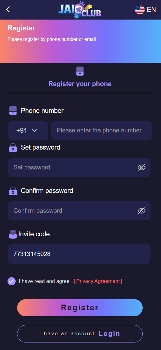 jai club game register new account page — mobile registration form India