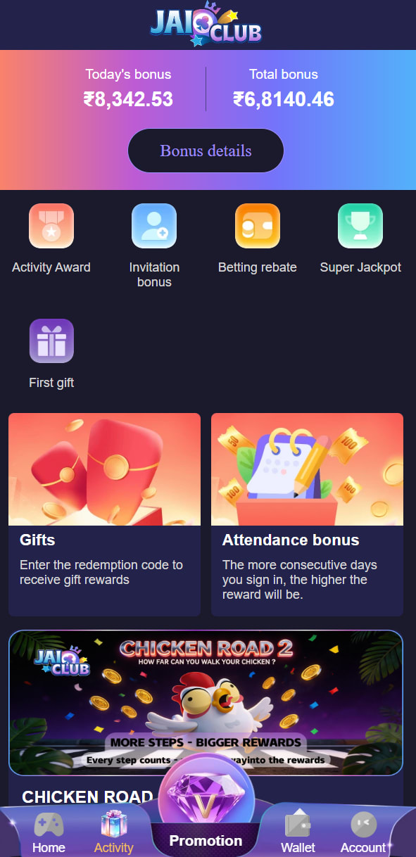 jai club bonus details rewards page — welcome daily recharge activity bonus India