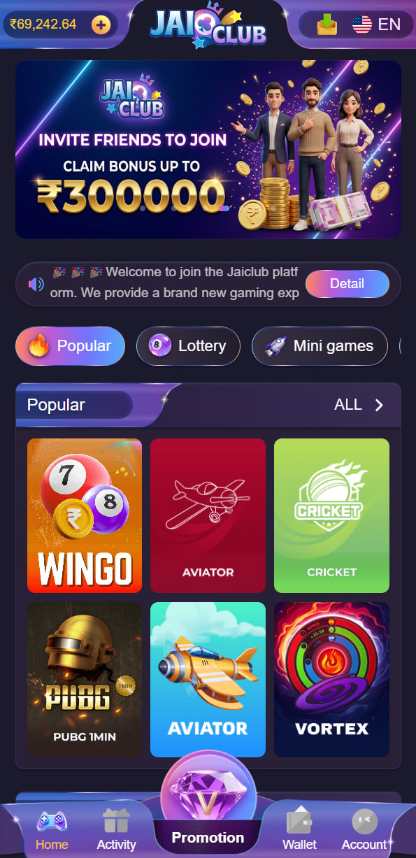 jai club game home page dashboard — Wingo Aviator Cricket gaming platform India
