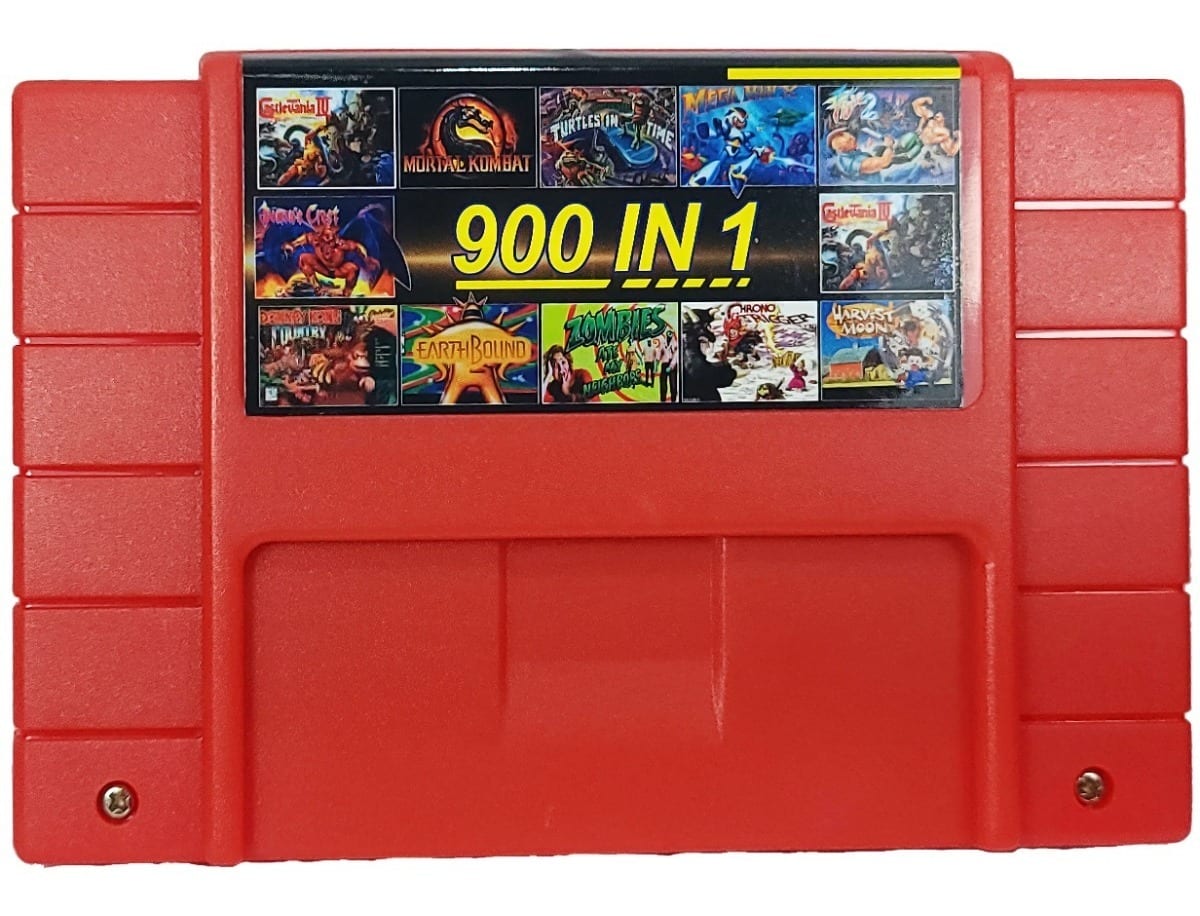 Cartucho multijuegos SNES 900 en 1 compatible con Super Nintendo, incluye clásicos como Mario, Zelda, Sunset Riders, Donkey Kong y más.