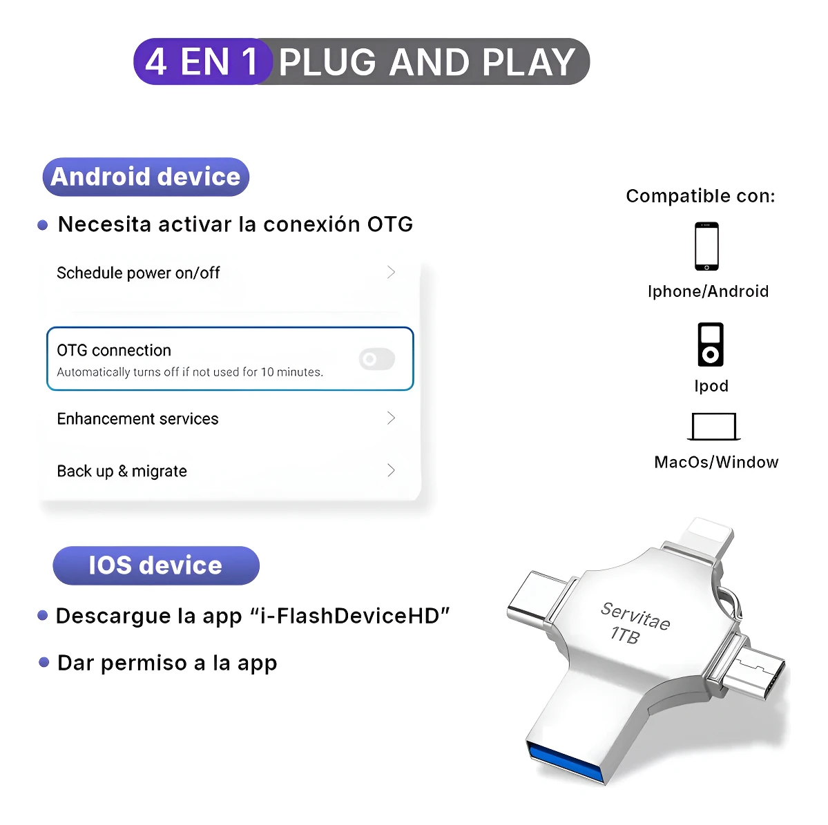 Memoria Otg 4 En 1 iPhone Android iPad Pc Usb-c Lighting 1tb - Image 3