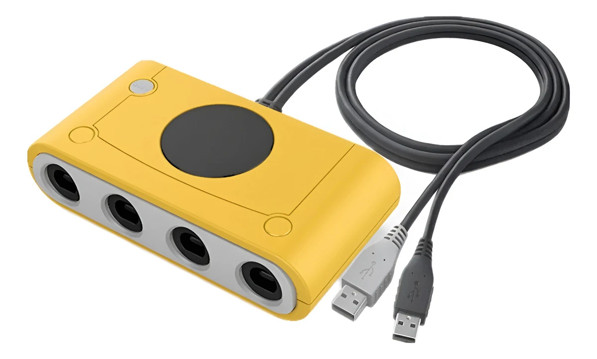 Adaptador USB color amarillo para conectar hasta 4 controles de Gamecube a Nintendo Switch, PC y Wii U, compatible con múltiples plataformas