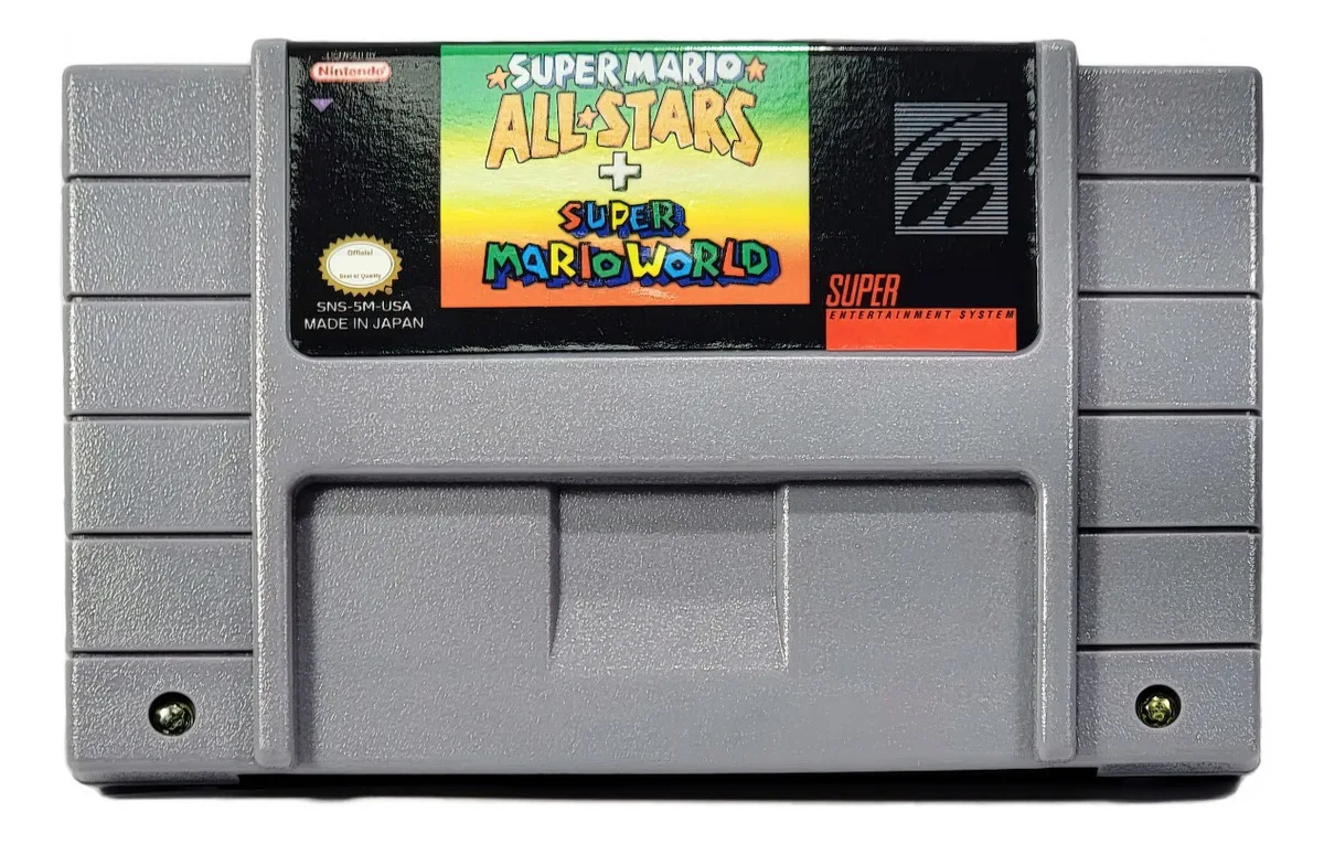Cartucho de Super Mario All-Stars y Super Mario World para Super Nintendo, colección clásica de plataformas