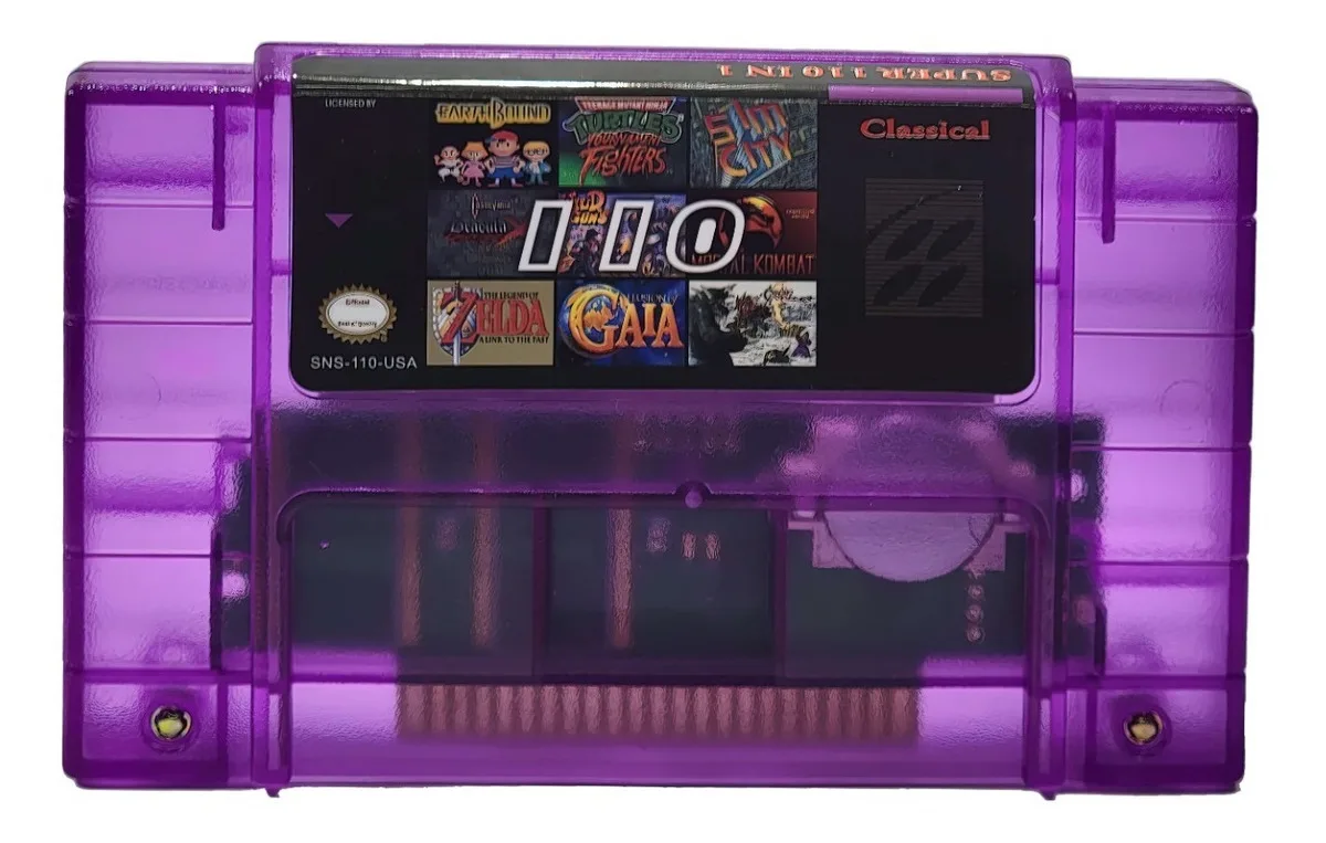 Cartucho multijuegos para Super Nintendo SNES con 110 juegos en 1, incluye Sunset Rider y Zelda, ideal para revivir clásicos retro