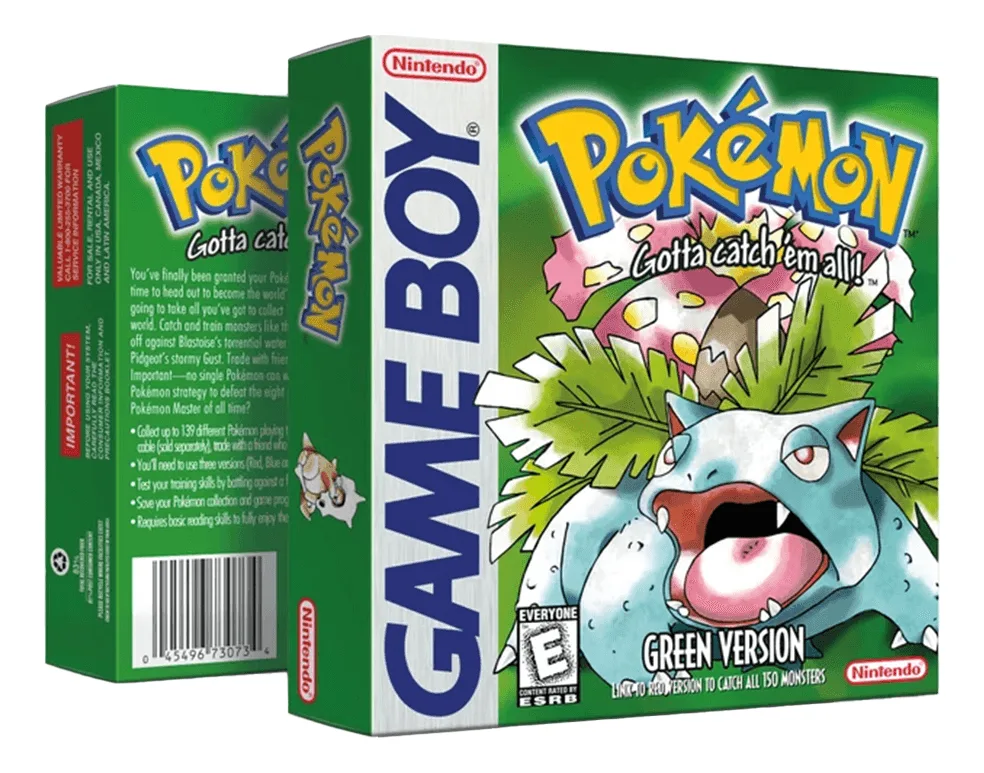 Pokémon Green versión para Game Boy, edición nueva y sellada en su caja original con protector acrílico para coleccionistas.