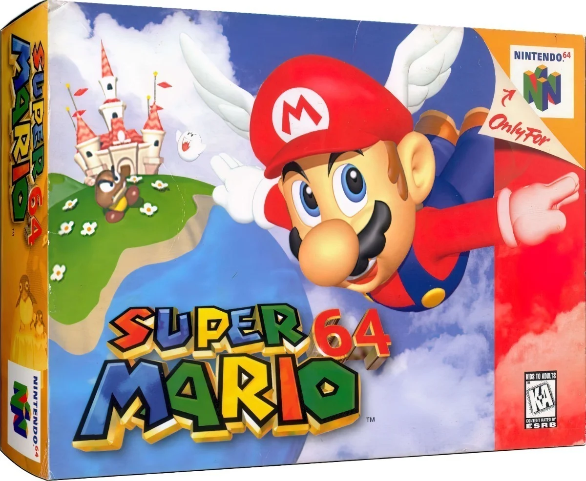 Cartucho de Super Mario 64 para Nintendo 64 en su caja original con manual de instrucciones, edición física de colección