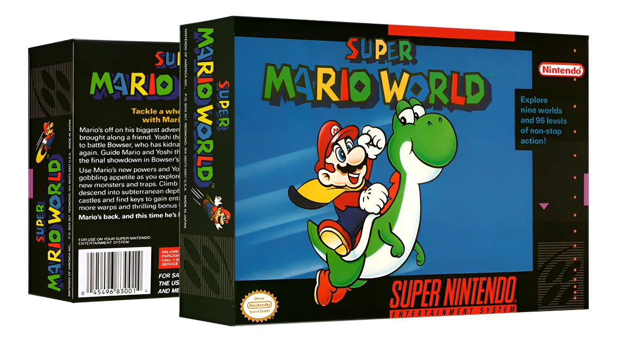 Super Mario World para Super Nintendo en caja original sellada con estuche acrílico protector, edición coleccionista nueva