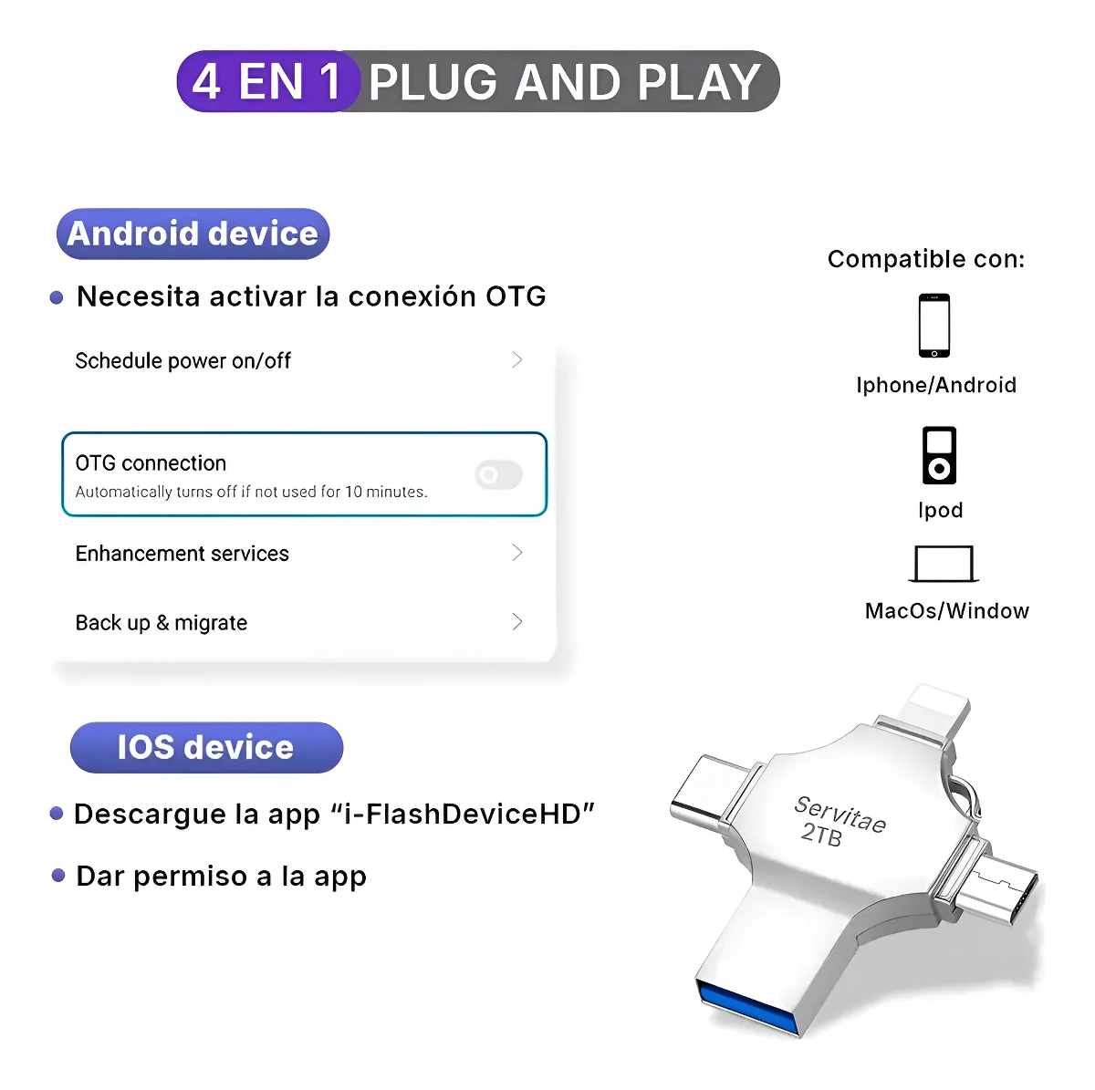 Memoria Otg 4 En 1 iPhone Android iPad Pc Usb-c Lighting 2tb - Image 3