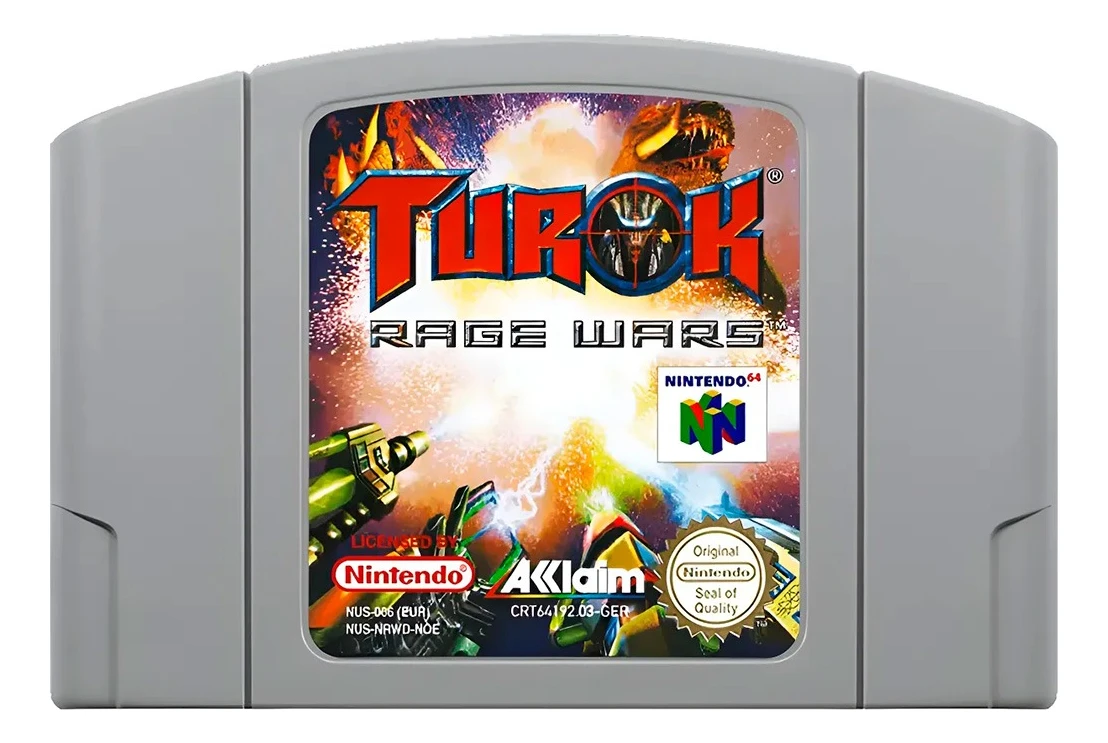 Cartucho de Turok Rage Wars para Nintendo 64, juego de acción y disparos multijugador con combates intensos y nostalgia clásica
