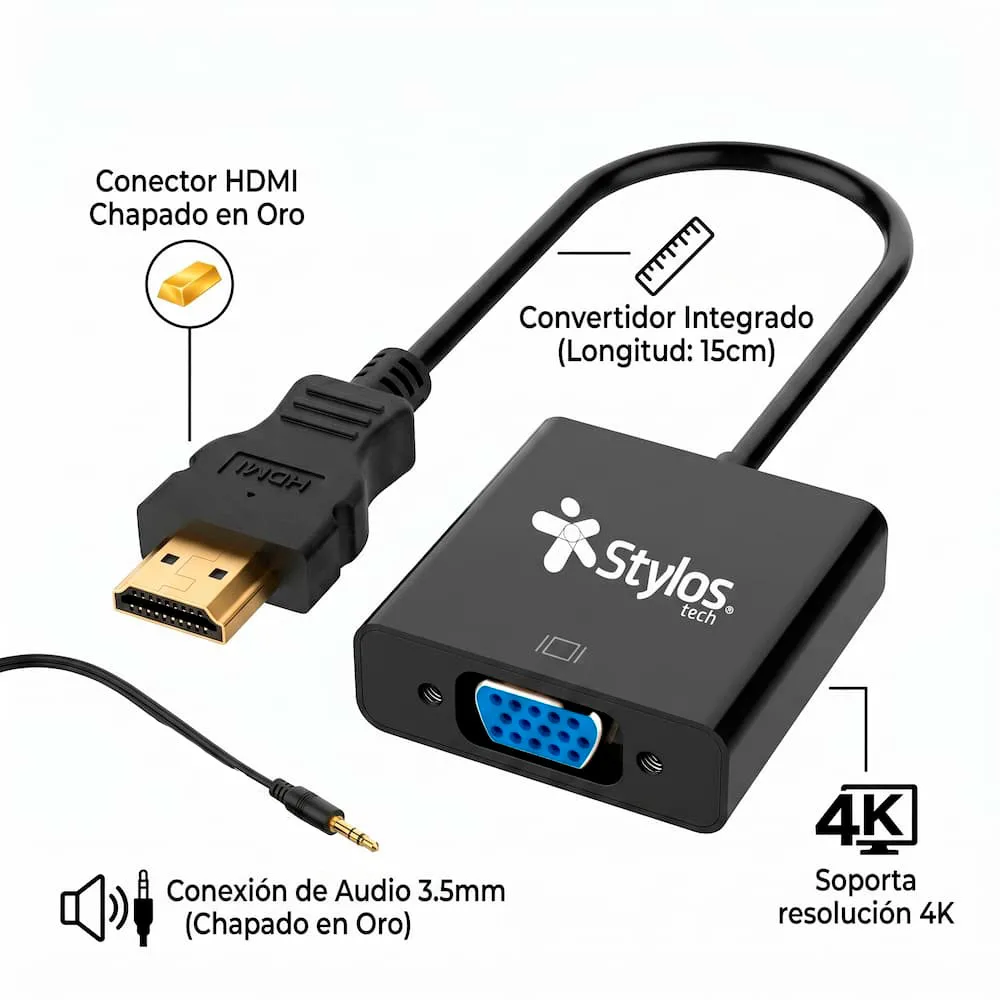 ADAPTADOR STYLOS VGA HEMBRA A HDMI MACHO CON AUX 3.5MM - Image 5