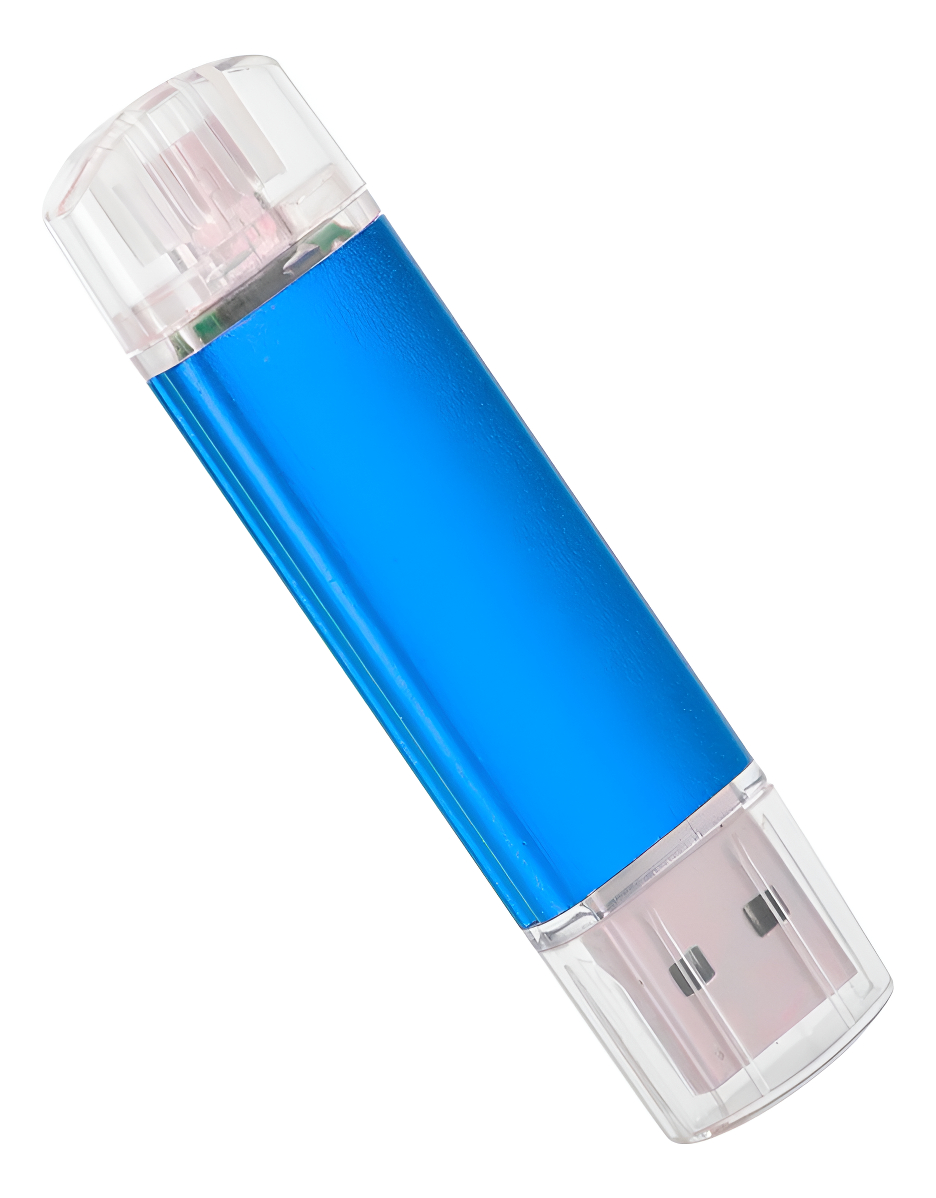 Memoria USB clasica 3 en 1 con conectores Lightning, Micro USB y USB-C, capacidad 1TB (1024GB), color azul claro, cuerpo de aleacion de zinc
