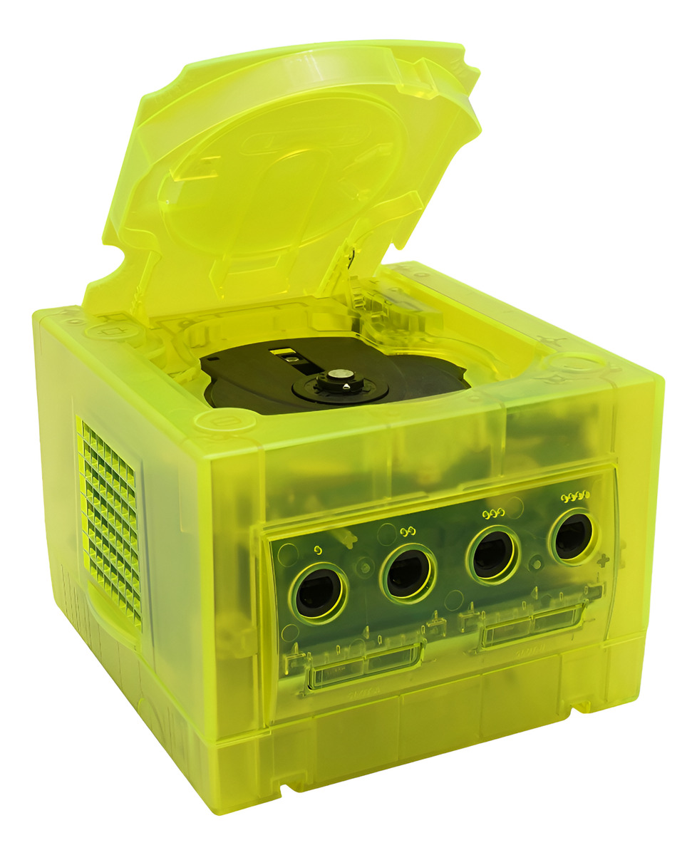 Carcasa de reemplazo color cristal verde para Nintendo GameCube, vista frontal que muestra el diseño transparente y ventilación optimizada