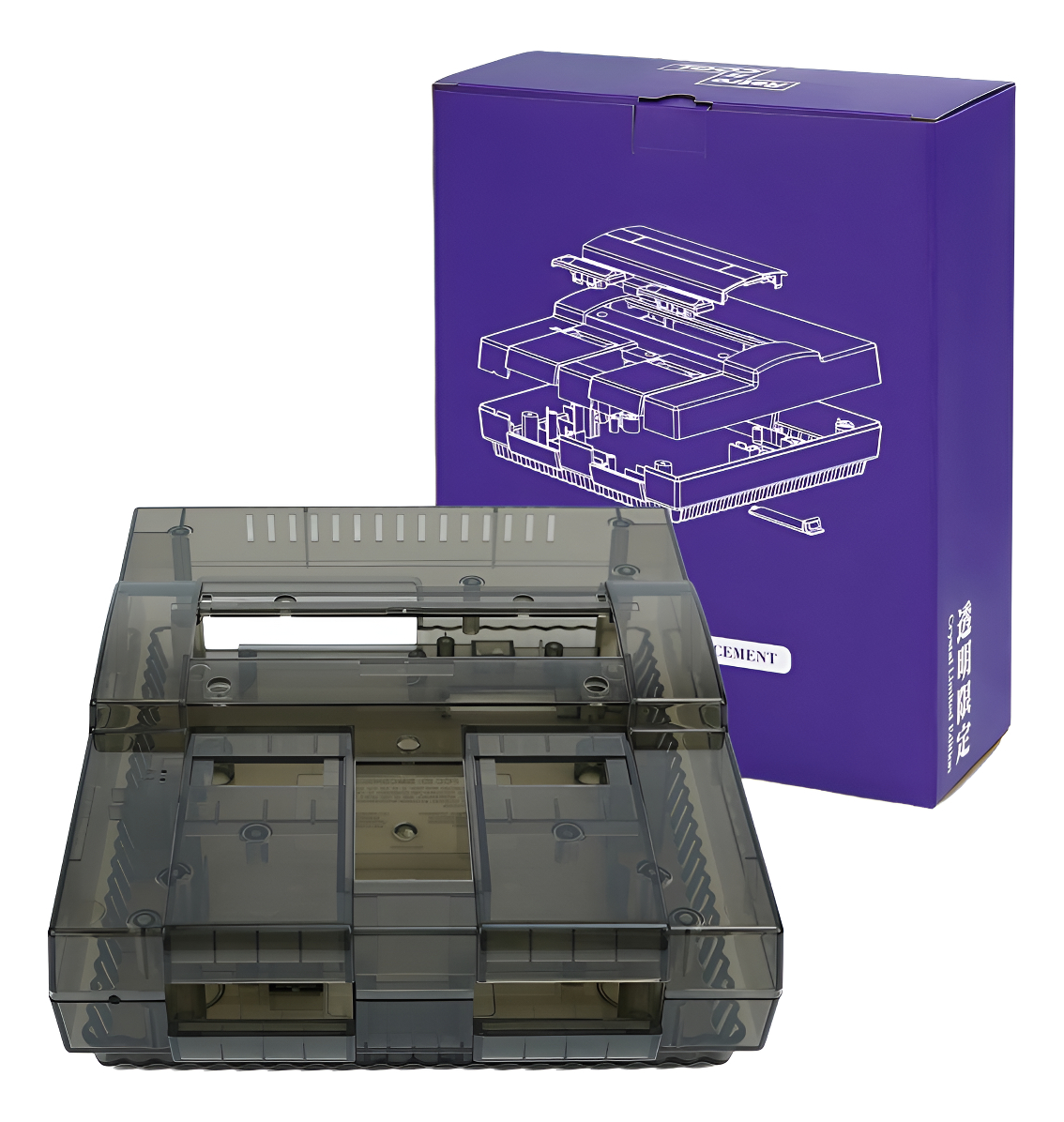 Carcasa transparente para Super Nintendo SNES, vista frontal con botones morados, ideal para personalizar tu consola retro