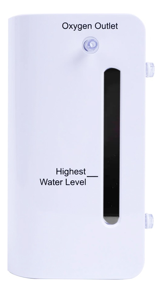 Vaso humidificador borboteador original DEDAKJ para concentrador de oxígeno modelos DE-1S y DE-2SW, vista frontal con letras negras