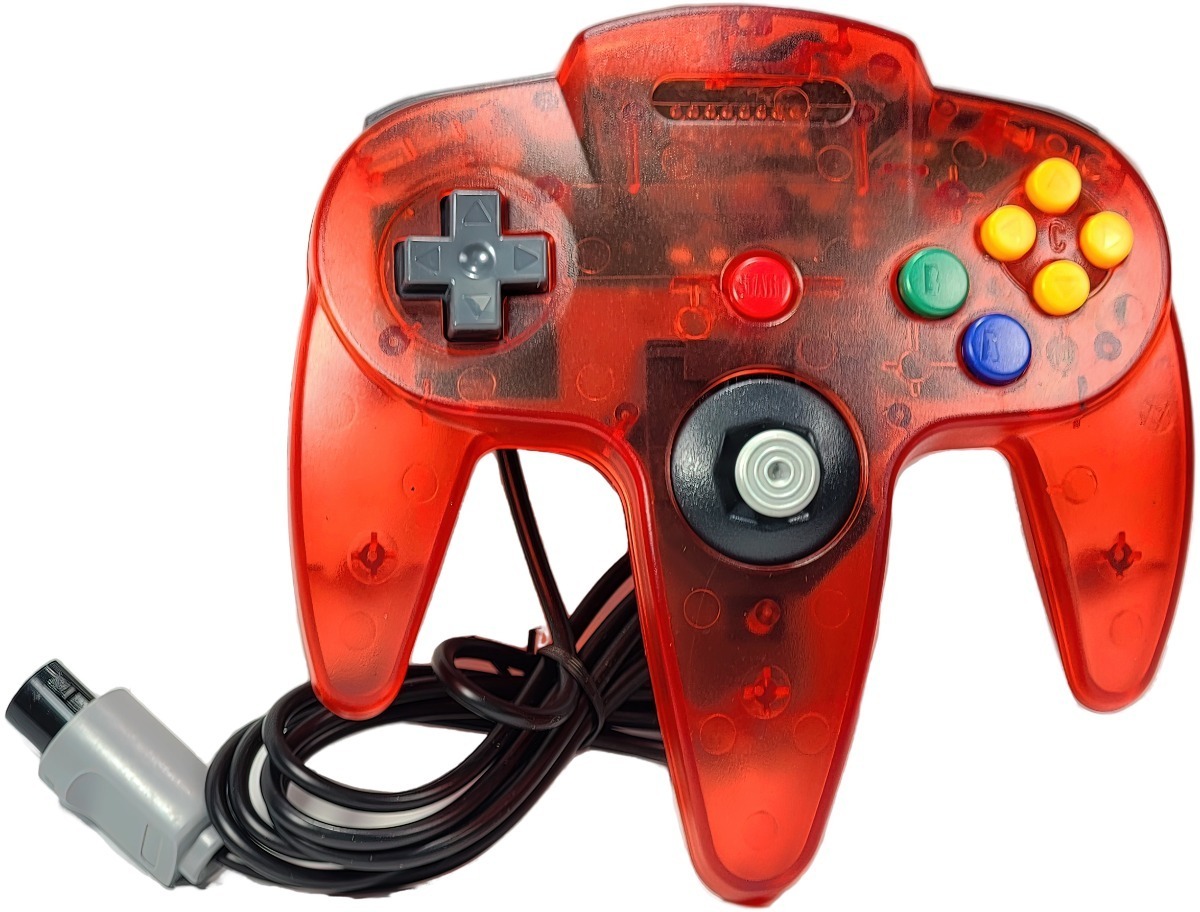 Control joystick rojo para Nintendo 64 de Servitae con diseño clásico, joystick central y botones de acción, compatible con consola N64