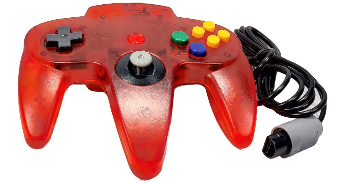 Control joystick rojo para Nintendo 64 de Servitae con diseño clásico, joystick central y botones de acción, compatible con consola N64