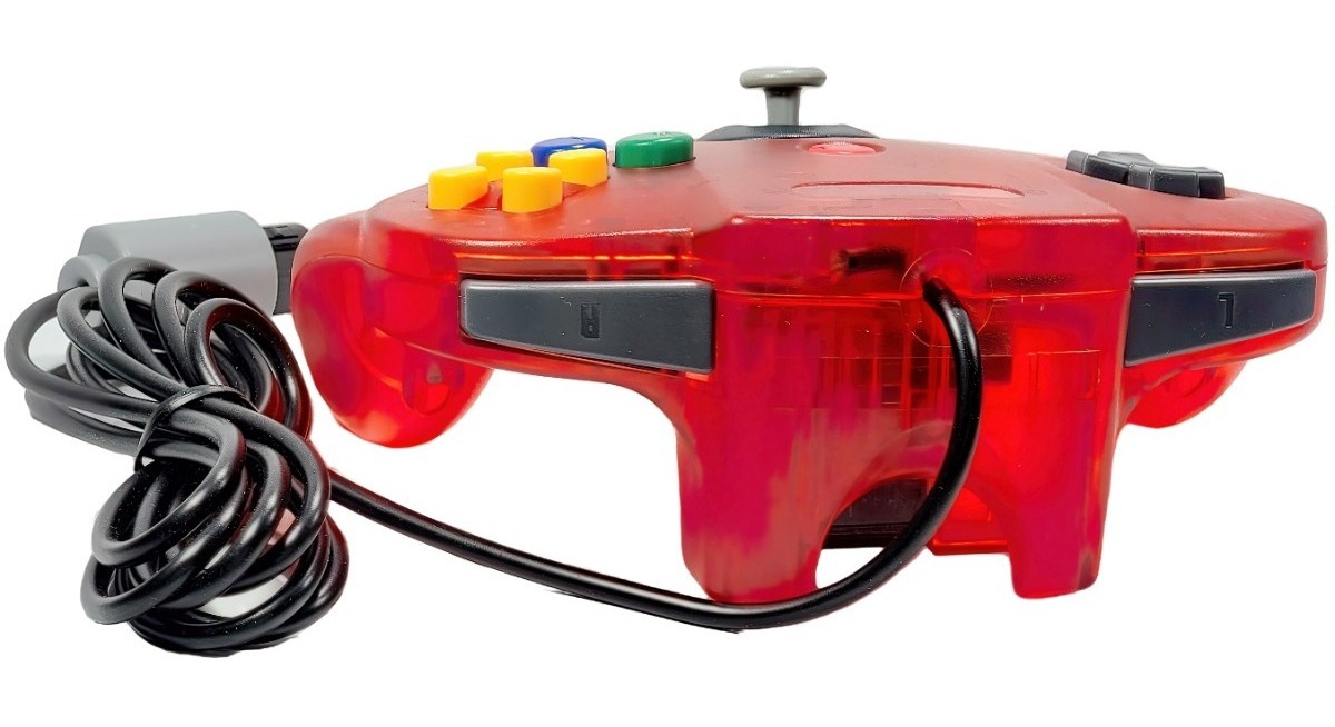 Control joystick rojo para Nintendo 64 de Servitae con diseño clásico, joystick central y botones de acción, compatible con consola N64