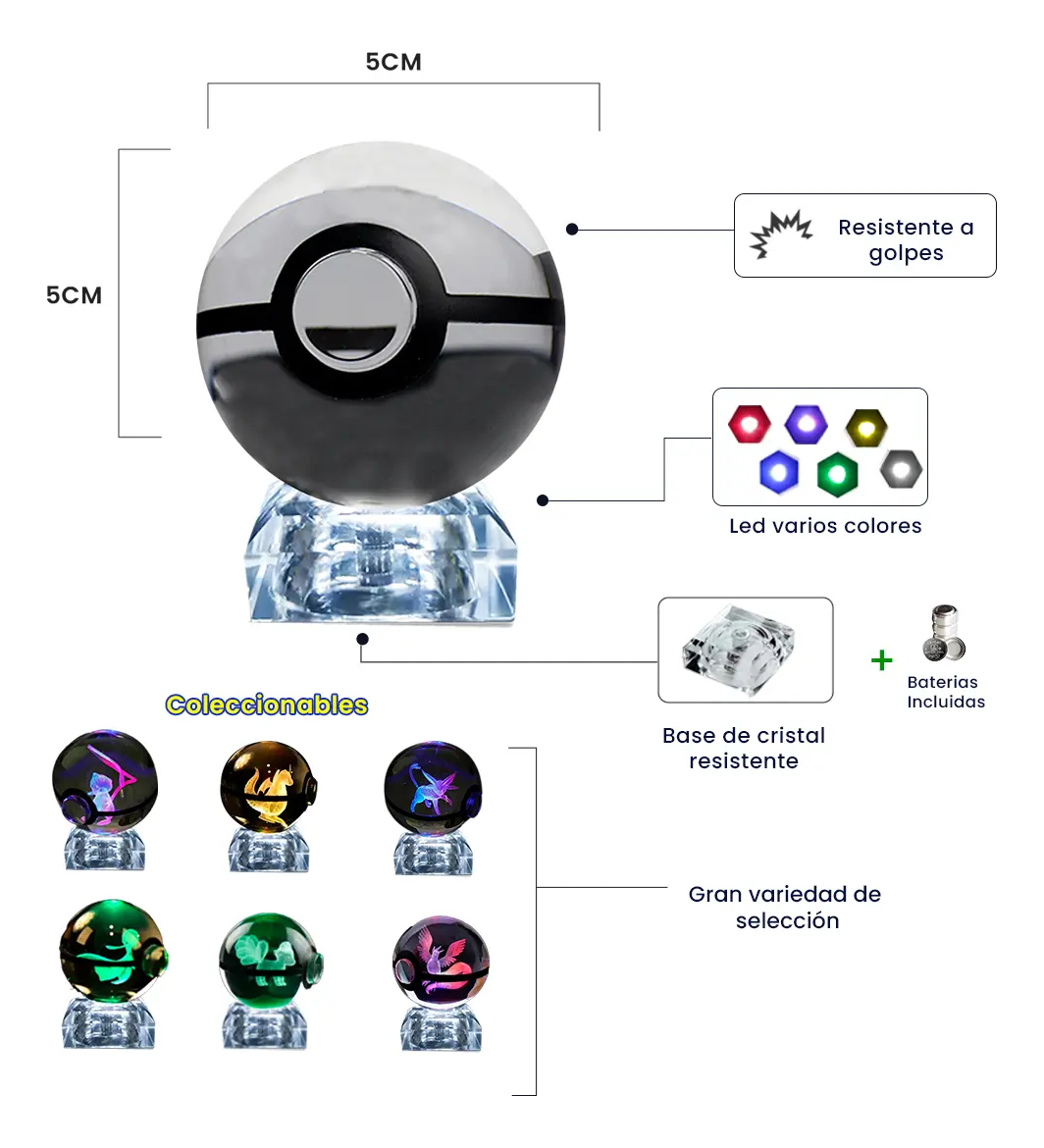 DEL Pokebola De Cristal 3d Pokemon Cristal Varios Modelos Luz - imagen 2