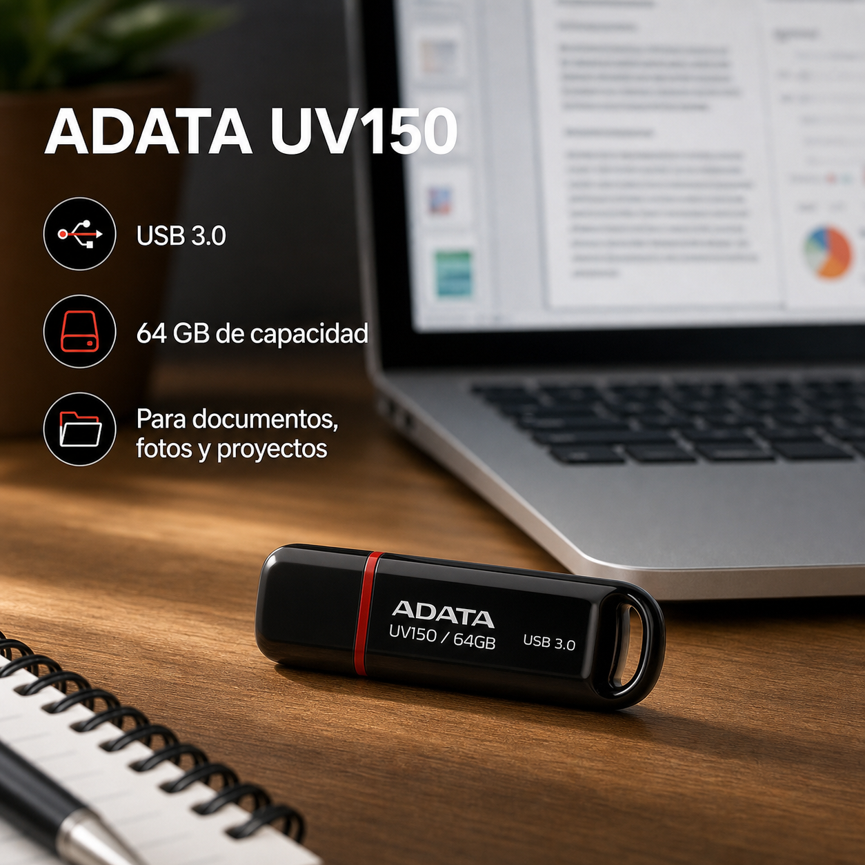 Adata Memoria USB Adata UV150 64GB USB 3.2 Negra - imagen 2