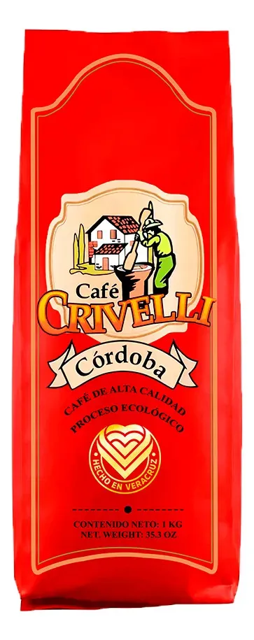 Bolsa de café en grano Crivelli Córdoba ecológico de exportación de 1 kilogramo, ideal para moler y preparar espresso o filtrado en casa