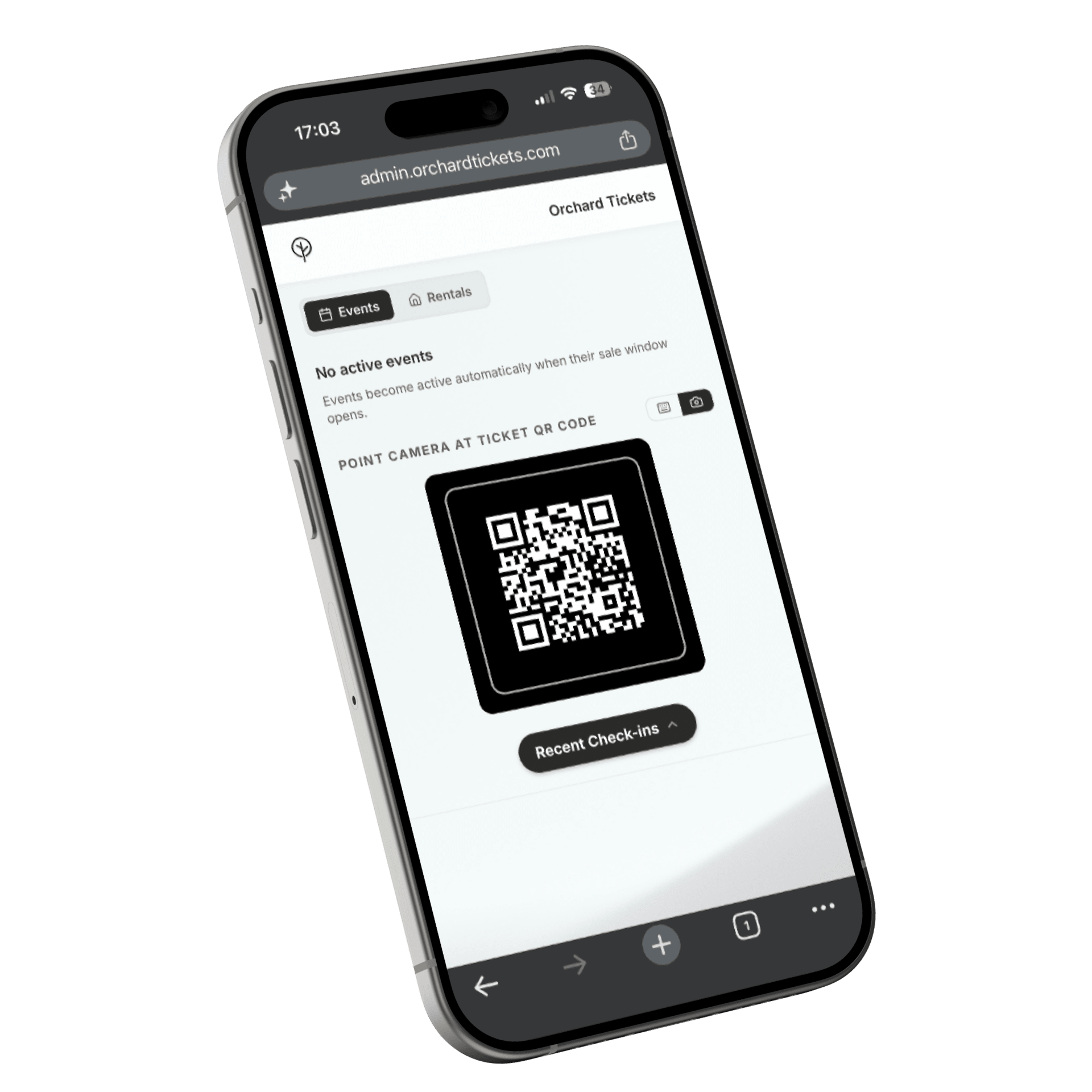 Orchard check-in screen on mobile