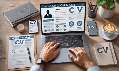 Person oppdaterer CV hjemme før ferien i 2025 med laptop og kaffe