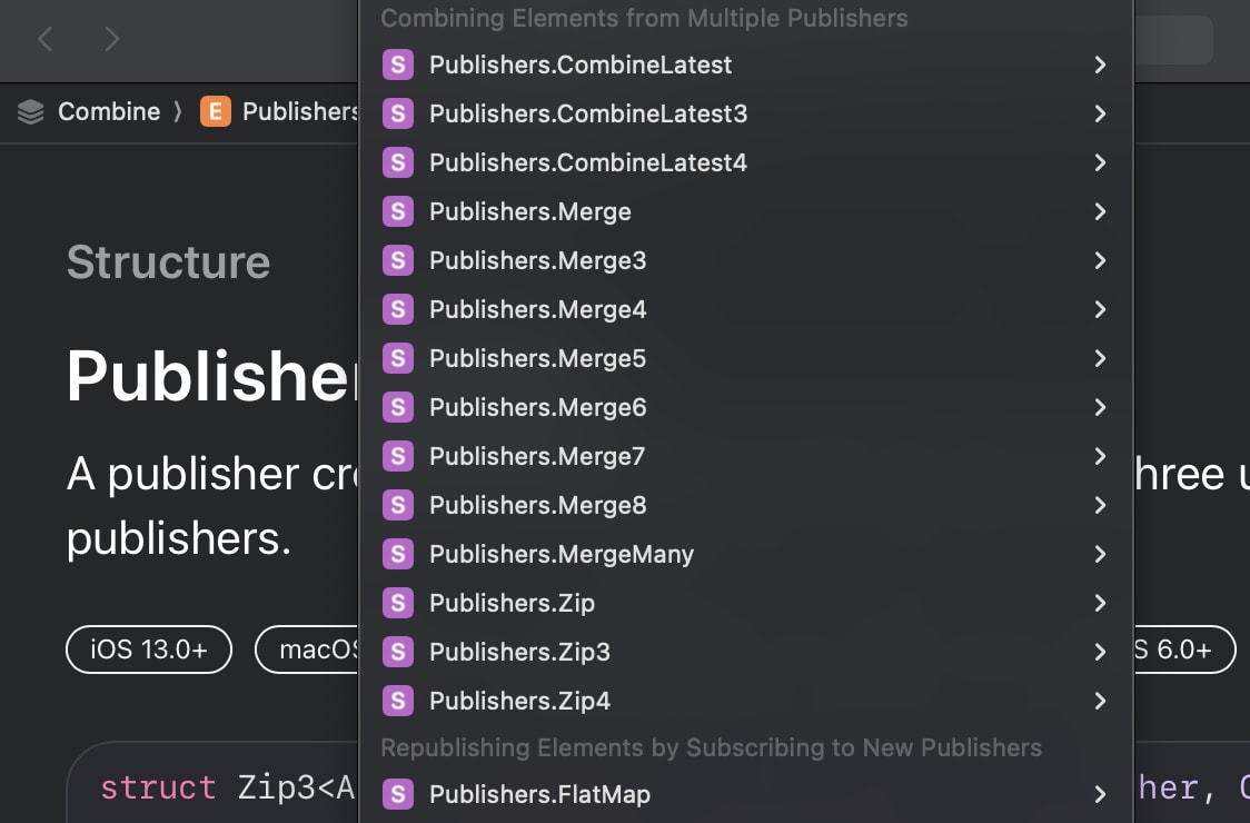 Screenshot from Xcode documentation showing the limited number of publisher-combination operators available in Combine.