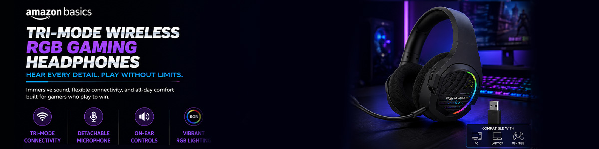 Amazon Basics Tri-Mode Wireless RGB Gaming Headphones