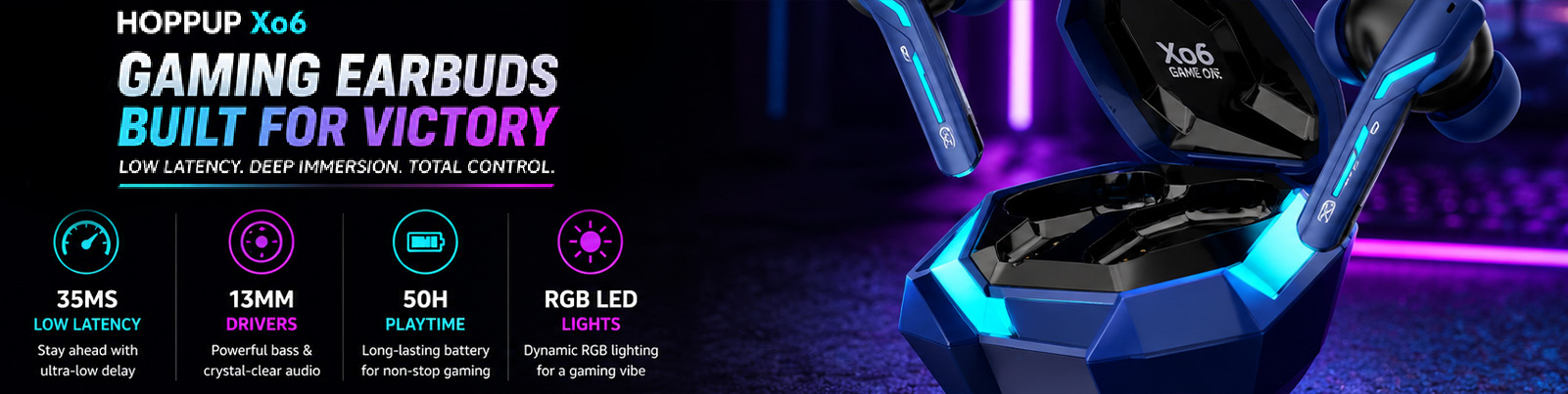 HOPPUP Xo6 Gaming Earbuds with 35MS Low Latency, RGB LED, 13MM Drivers & 50H Playtime Bluetooth (Cobalt Blue, True Wireless)