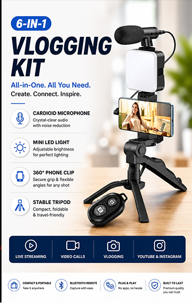 Vlogging Kit 6 in 1 for iPhone, Android (with Tripod), Mini LED + Cardioid Microphone + Phone Clip + Tripod for Live Broadcasting, Video Calling, Vlogging, YouTube, Instagram