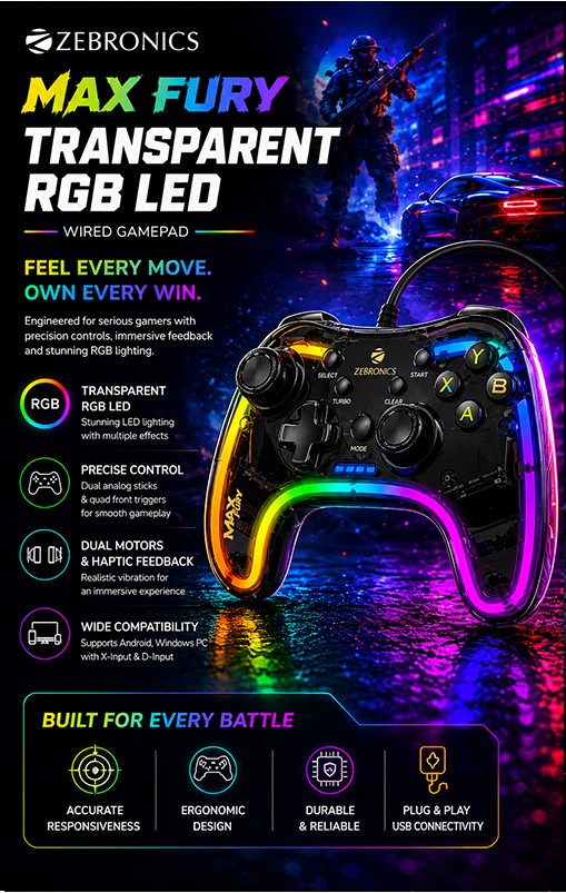 ZEBRONICS MAX FURY Transparent RGB LED Illuminated Wired Gamepad for Windows PC, Android, with Dual analog sticks, Quad front triggers, Dual motors force, Haptic Feedback, Supports X-Input & D-Input.