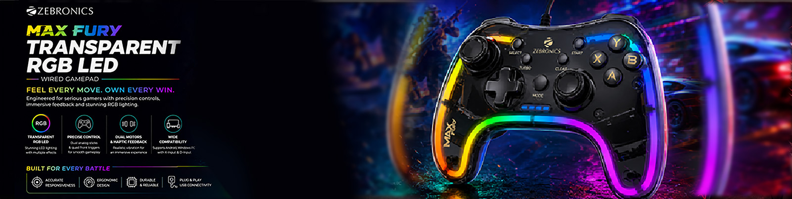 ZEBRONICS MAX FURY Transparent RGB LED Illuminated Wired Gamepad for Windows PC, Android, with Dual analog sticks, Quad front triggers, Dual motors force, Haptic Feedback, Supports X-Input & D-Input.