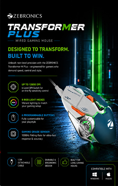 Zebronics Transformer M Plus Wired Gaming Mouse, Up to 12800 DPI, 6 Buttons with a 6-Level DPI Switch, 8 RGB Modes, 1000Hz Polling Rate, 1.5m Detachable Cable, Gaming Grade Sensor (Grey + Blue)