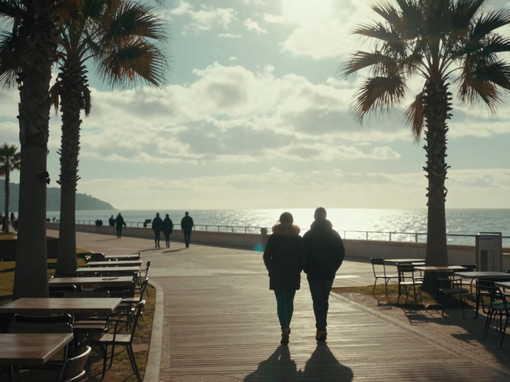 A slow winter stroll along the seafront promenade in Armação de Pêra.