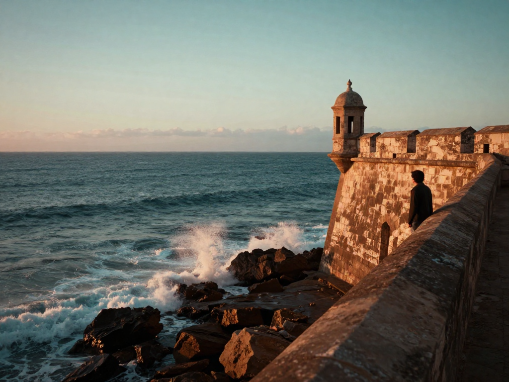 Coastal history at sunset: fortress ruins above the winter Atlantic.