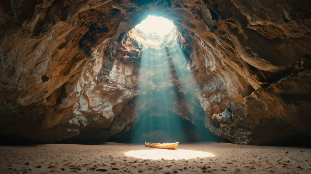Benagil Cave at sunrise—quiet sand, glowing skylight, and calm waters.