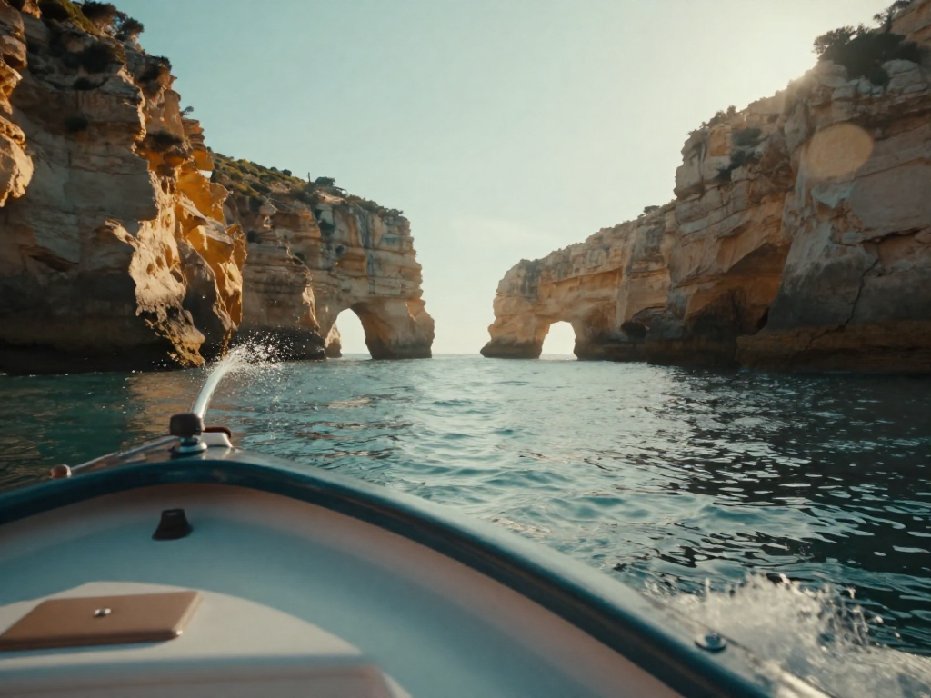 Coastal cruise views: caves, arches, and Praia da Marinha glowing ahead.